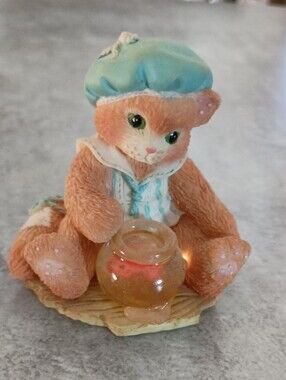 Cute Orange Cat Figurine with A Fishbowl and Mint Hat Calico Kittens